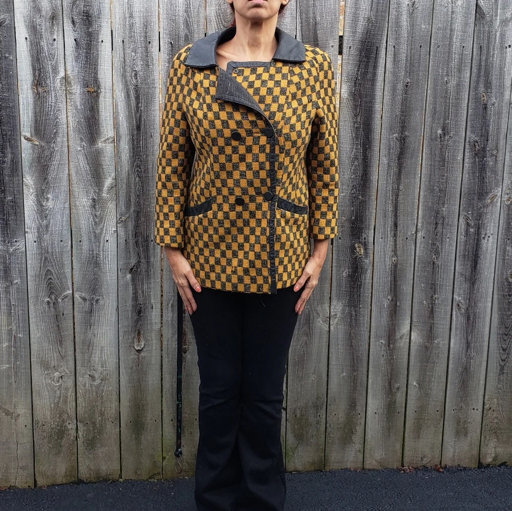Vtg Mustard Yellow Wool & Grey Check Blend Double Breasted Moto Jacket Blazer L